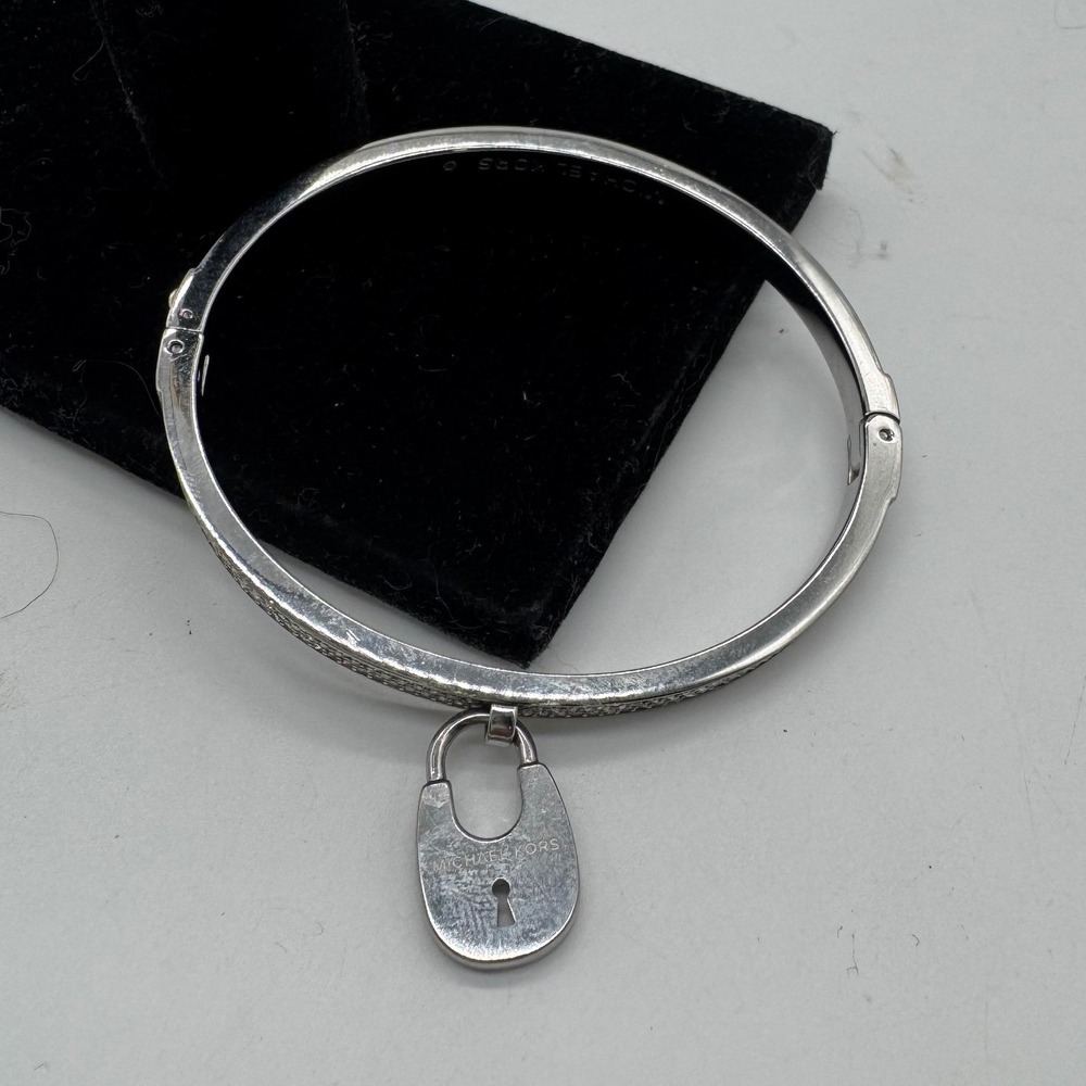 Michael Kors Silver Tone Pave Crystal Padlock Charm Hinged Bangle Bracelet
